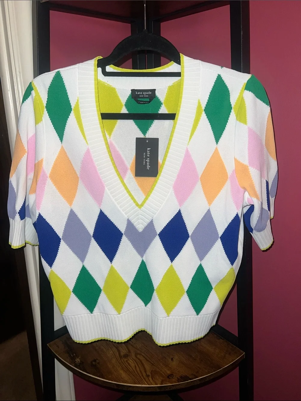 kate spade White Multicolor Argyle V-Neck Sweater